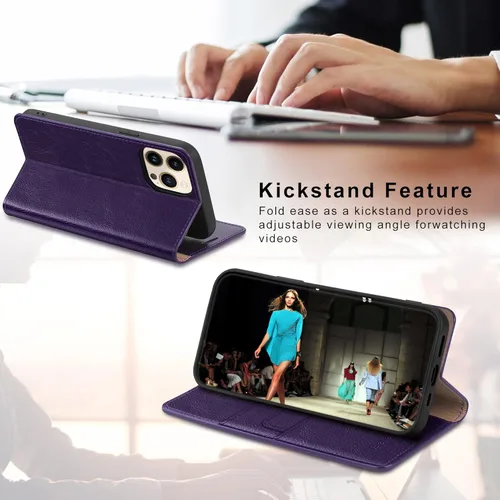 Vista 6 de Belemay Funda compatible con iPhone 15 Pro Max, piel auténtica, tarjetero con bloqueo RFID, carcasa de poliuretano termoplástico a prueba de golpes