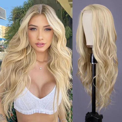 Vista 18 de Aida ble Peluca larga rubia para mujer, peluca ondulada de cabello sintético rubio sucio, peluca de aspecto natural, resistente al calor, para uso
