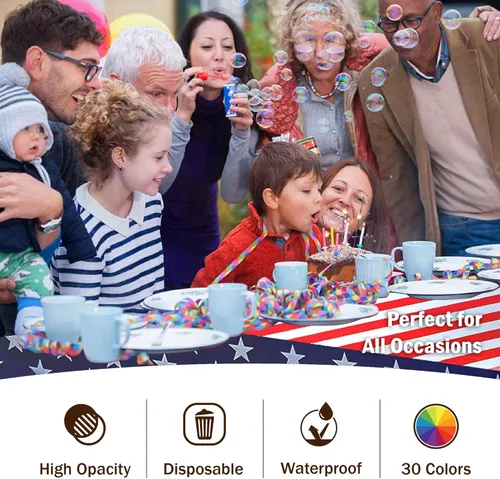 Vista 5 de Party Solids Paquete de 12 manteles rectangulares de plástico con diseño de bandera estadounidense de alta calidad, mantel desechable de plástico