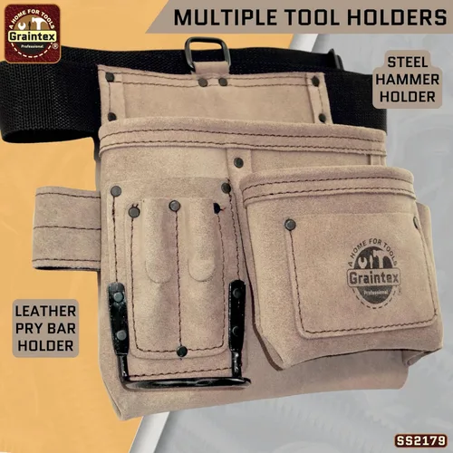 Vista 5 de Graintex Cinturón/Bolsa de Herramientas de Cuero de Ante de 5 Bolsillos, Cinturón de Herramientas de Cuero Multiusos para Mujeres y Hombres, Ideal