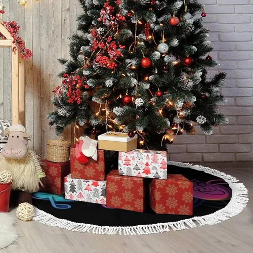 Vista 6 de Rainbow Musical Note Melody Christmas Tree Skirt Double Sided Waterproof Winter Xmas Tree Mat Decor Retro Xmas Tree Skirt with Tassels for New Year