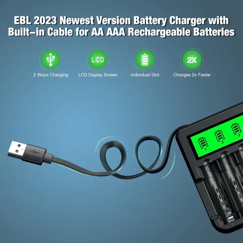 Vista 2 de EBL Cargador de batería AA AAA con cable de carga integrado, carga de alta velocidad, cargador de batería LCD de 8 bahías, ranura independiente