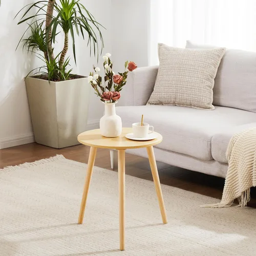Vista 2 de Apicizon Mesa auxiliar redonda pequeña, moderna de madera clara, mesita de noche, mesa auxiliar para espacios pequeños, dormitorio, sala de estar