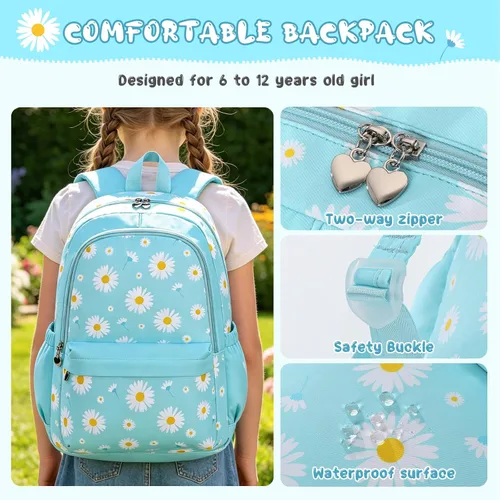 Vista 5 de Backpack for Girls, Kids Backpack Set with Lunch Box & Pencil Bag Margarita azul