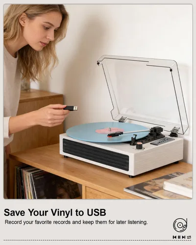 Vista 5 de Tocadiscos de vinilo Bluetooth, reproductor de vinilo retro de 3 velocidades con altavoces integrados, entrada AUX, parada automática, grabación