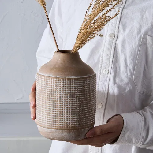 Vista 3 de SIDUCAL Jarrón rústico de cerámica para granja, acabado de esmalte de arena, florero decorativo de cerámica para decoración del hogar, mesa
