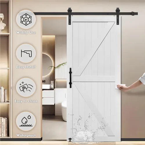 Vista 5 de S&Z TOPHAND® Puerta de granero doble de MDF de 18 x 84 pulgadas con kit de herrajes para puerta corredera de 6 pies, tablero sólido de puerta