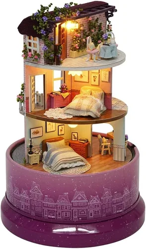 Vista 6 de Jerliflyer Casa de muñecas DIY, kit de casa en miniatura, kit de casa de muñecas de bricolaje, kit de casa de muñecas con rotación LED, caja