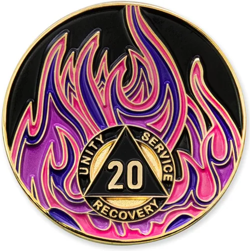 Vista 22 de Medallón de recuperación AA chapado en oro de 1 año Twisted Flames - Negro/Rojo/Naranja/Amarillo