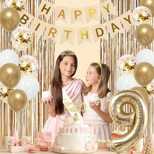 Vista 7 de Trgowaul Decoraciones de 9º cumpleaños para niñas, pancarta, banda y corona, decoración de pastel, globo de número 9, cortinas de flecos