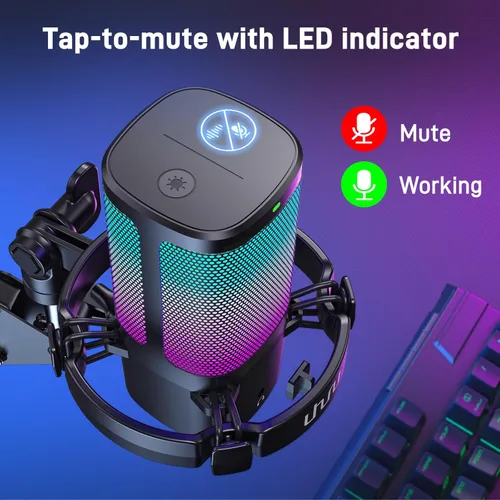 Vista 4 de UHURU Micrófono USB para juegos para PC, micrófono de computadora con RGB controlable para jugadores de PS4/5, micrófono de podcast con brazo boom