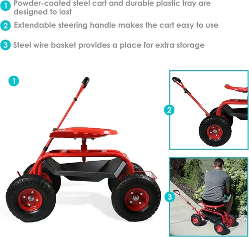 Vista 2 de Sunnydaze, carro de jardín rodante con volante extensible, taburete giratorio y canastilla., Sólido, Rojo