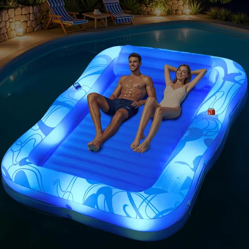 Tumbona inflable de bronceado con luces, flotadores grandes de 81 x 60 pulgadas para adultos, tumbona de piscina, cama de agua de bronceado inflable
