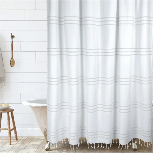 Vista 13 de HALL & PERRY Cortina de ducha moderna con borlas de estilo rústico, cortina de ducha de tela a rayas con borlas 100% algodón para decoración de baño