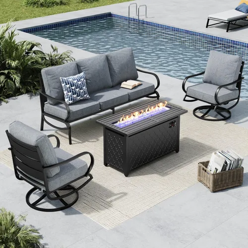 Vista 35 de MFSTUDIO Juego de muebles de patio de 8 piezas con mesa de fogata de gas de 45 pulgadas (hasta 9 asientos), sofás de conversación de metal