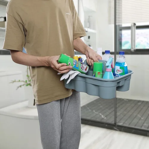 Vista 4 de Paquete de 4 cajas de limpieza de plástico con asa, organizador de herramientas de limpieza de plástico, gris