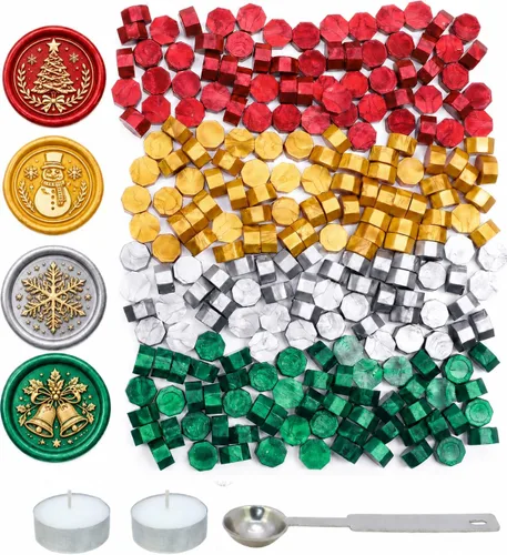 SWANGSA Kit de 360 cuentas de cera de sellado navideño, dorado, rojo, verde Cera de sellado de Navidad