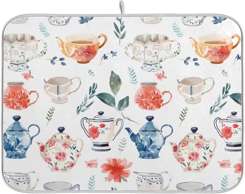 Vista 12 de Alfombrilla de secado de platos con flores botánicas y mariposas para encimera de cocina, absorbente, almohadilla de secado de microfibra, mediana