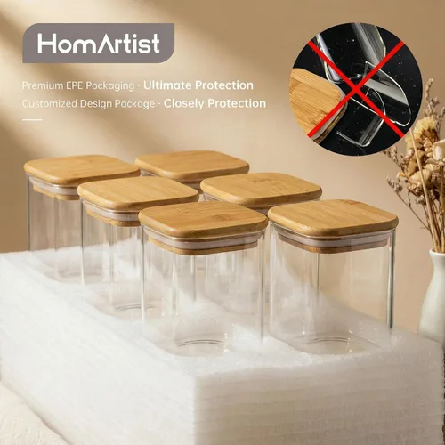 Vista 7 de 42oz – Paquete de 4 tarros cuadrados de vidrio con tapas de bambú, recipientes de almacenamiento de alimentos de vidrio con tapas herméticas