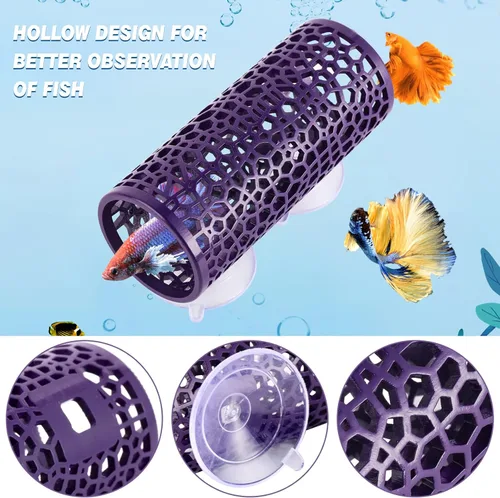 Vista 2 de Abizoo Betta Cueva, túnel de pez Betta púrpura con agujeros para peces pequeños, hábitat de camarones, juguetes Betta, refugio, escondite, hamaca