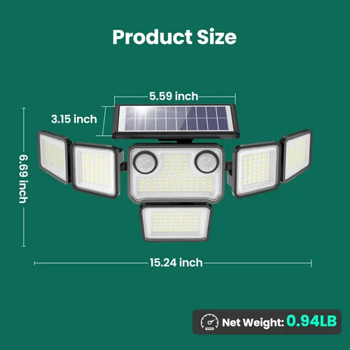 Vista 4 de Luces solares de 4000 lm para exteriores, 310 LED con sensor de movimiento dual, luces solares de 6 cabezales, luces de pared de seguridad, IP65