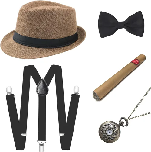 Vista 11 de BABEYOND 1920s - Conjunto de accesorios de gángster de Gatsby para hombre, sombrero de Panamá y pajarita