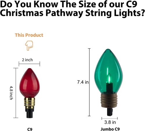 Vista 9 de Brightown Paquete de 2 Luces de Sendero Navideñas C9 de Fresa para Exteriores - Total 34.8 Pies 20 Luces LED de Sendero Navideño, Luces de Navidad