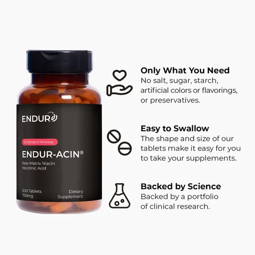 Vista 5 de ENDUR-ACIN - Niacina B3 - ER (liberación prolongada) 750 mg - Ácido nicotínico - Suplemento saludable para el equilibrio del corazón y el colesterol