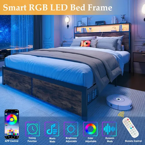 Vista 3 de Lifezone Base de cama matrimonial con cabecera de almacenamiento de 2 niveles, marco de cama de metal con cajones de almacenamiento, estación