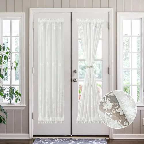Vista 10 de VOGOL Cortinas de puerta con patrón de pájaros, cortina francesa semitransparente con bolsillo superior e inferior para barra con alzapaños, 25