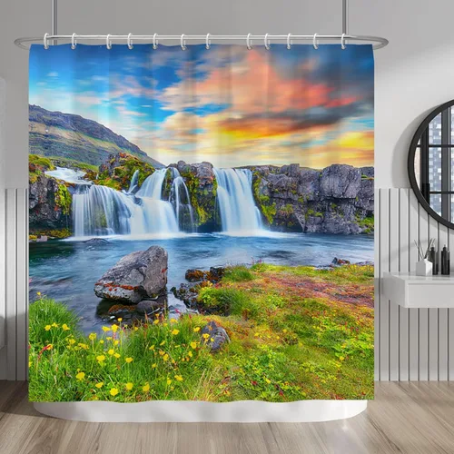 Vista 168 de Baocicco Cortina de ducha de mármol azul abstracto a rayas, decorativa, textura de lujo, línea moderna, decoración de acuarela, juego de cortinas