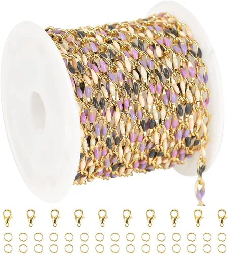 Vista 20 de YOUBEIYEE Cadena chapada en oro para hacer joyas, bandera estadounidense, cadena de cable esmaltada de color para mujer, collar, pulsera, cadenas