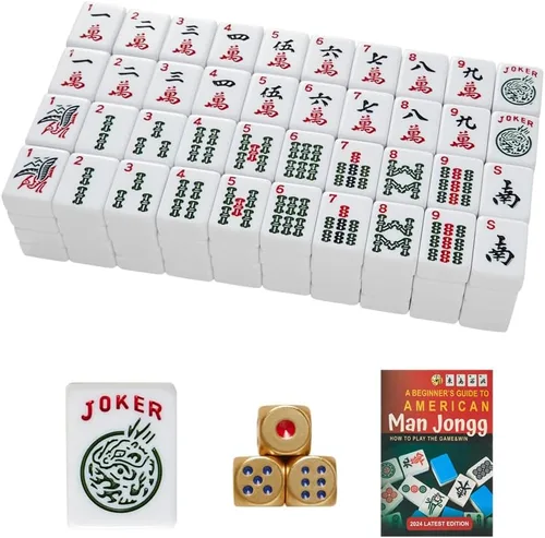 Azulejos de Mahjong americano, 166 azulejos de marfil de calidad con 3 dados dorados e instrucciones de reglas (azulejos de Mahjong, blanco)