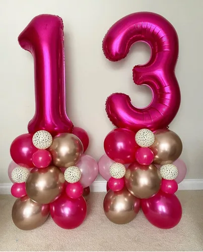 Vista 5 de Globos gigantes de 40 pulgadas de color rosa intenso con el número 10, globos de 10 globos de color rosa intenso para cumpleaños de 10 años