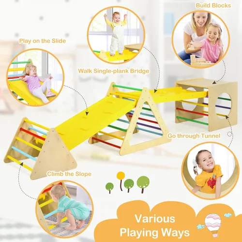 Vista 2 de HONEY JOY Escalador triangular 6 en 1 con rampa, juego de triángulos de escalada para interiores con triángulo de cubo, rampa de doble cara