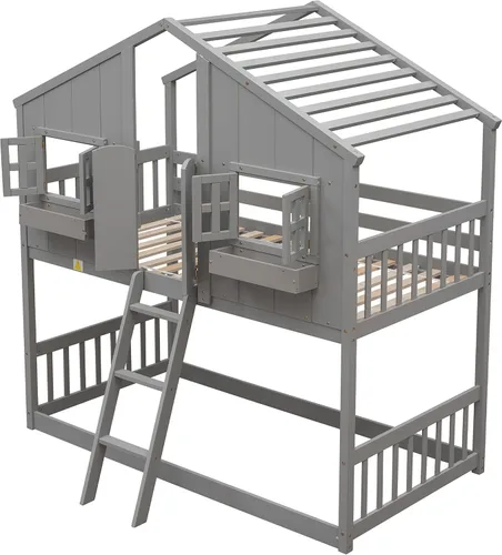 Vista 57 de Cama de casa de tamaño individual con elegantes ventanas y estantería, litera con diseño de castillo de madera con barandillas de seguridad