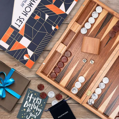 Vista 7 de Pointworks Juegos de backgammon de 17 pulgadas para adultos. Hermoso juego de mesa de backgammon con incrustaciones de madera con damas y dados