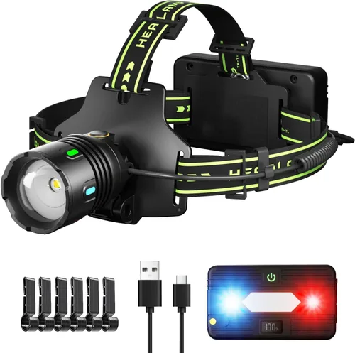 Linterna frontal recargable LED súper brillante de 1200 lúmenes, lámpara frontal con 9 modos de iluminación, ajustable a 90° e impermeable IP67 para