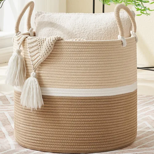 Vista 8 de KAKAMAY Cesta grande para manta (18 x 18 x 16 pulgadas), cesta tejida para ropa sucia para bebé, cestas de cuerda de algodón para guardería, Blanco