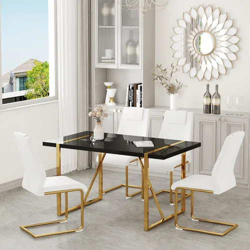 Vista 32 de Juego de mesa de comedor moderna de 55 pulgadas para 4, mesa de comedor negra y marco de metal dorado, mesa de comedor rectangular con 4 sillas