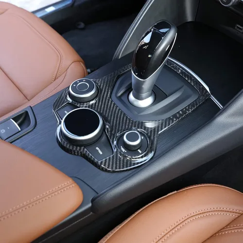 Vista 4 de Adhesivo de fibra de carbono 100% real para consola central de automóvil, cubierta de panel de palanca de cambios para Alfa Romeo Giulia Stelvio
