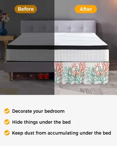 Vista 3 de Falda de cama color coral tamaño Queen de 16 pulgadas de caída, ajustable y elástica envolvente, plisada, con volantes de lujo para cama individual