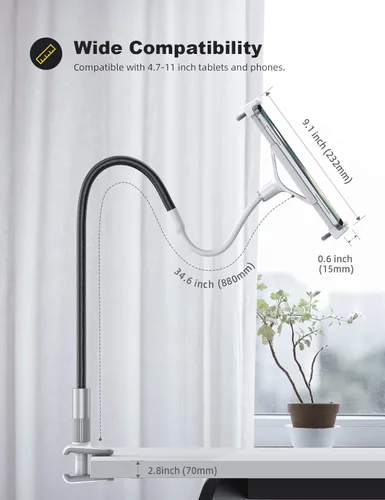 Vista 5 de Lamicall Soporte para tablet de cuello de cisne: soporte flexible para tableta con clip de brazo para cama, soporte de escritorio, compatible