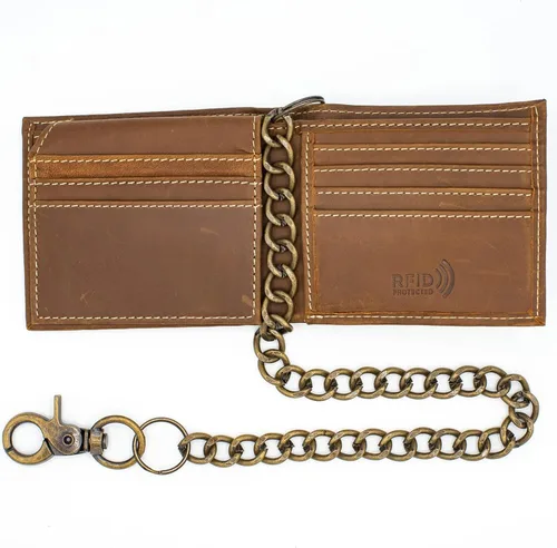 Vista 4 de Cartera de cuero genuino para hombre, con bloqueo RFID, plegable, elegante, billetera plegable con cadena de acero inoxidable, billetera abatible