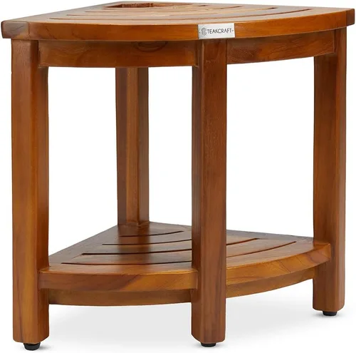 Vista 3 de TeakCraft Banco esquinero de teca con estante y cesta, totalmente montado, 16 pulgadas, The Loki