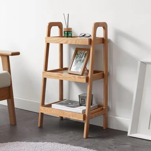 Vista 9 de Estante de escalera de 3 niveles de roble macizo 100% para ahorrar espacio, estantería pequeña con marco estable, estantes de escalera