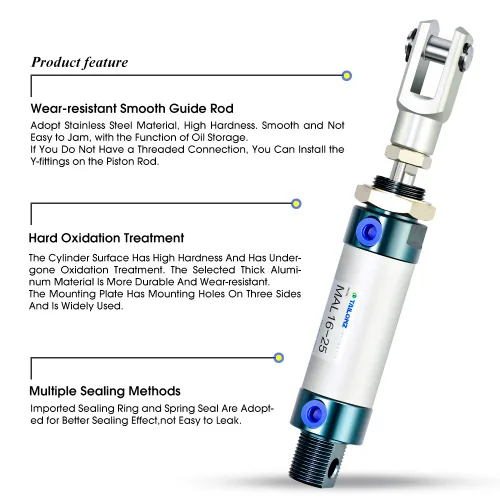 Vista 3 de TAILONZ PNEUMATIC Cilindro de Aire de 16mm Orificio 25mm Carrera de Doble Acción con Conector Y y 2 Piezas de Conexión de 6mm MAL16x25