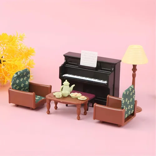 Vista 2 de Juego de Casa de Muñecas Familiar para Sala de Estar — Piano con Banco y Partitura, Dos Sillones, Mesa de Centro, Lámpara de Pie y Juego de Té