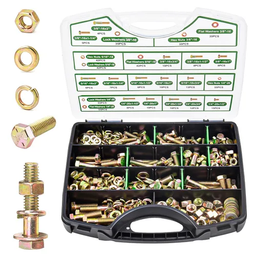 Foliv Kit surtido de 523 pernos de grado 8 – Kit de tornillos y tuercas resistentes, rosca gruesa SAE de 3/8-16 x 1-2 pulgadas, chapado en zinc