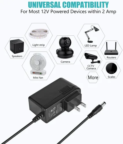 Vista 7 de Adaptador CA/CC de 12 V 2 A con certificación UL, fuente de alimentación de 12 voltios 2 amperios 24 W con 10 puntas para tiras de luces LED